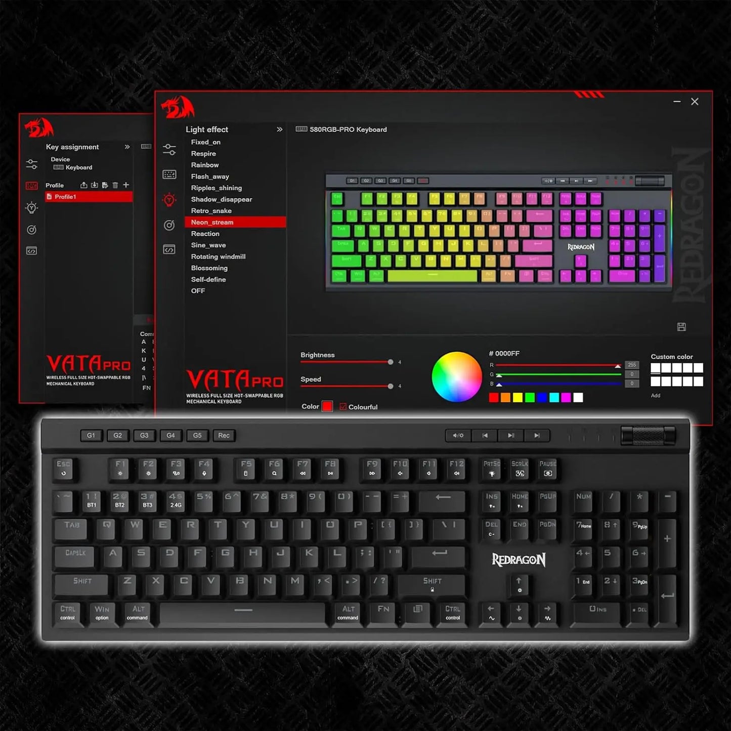 Redragon K580 PRO Wireless RGB Mechanical Keyboard - Hot - Swappable, 3 - Mode, Red Switch - Titan Core