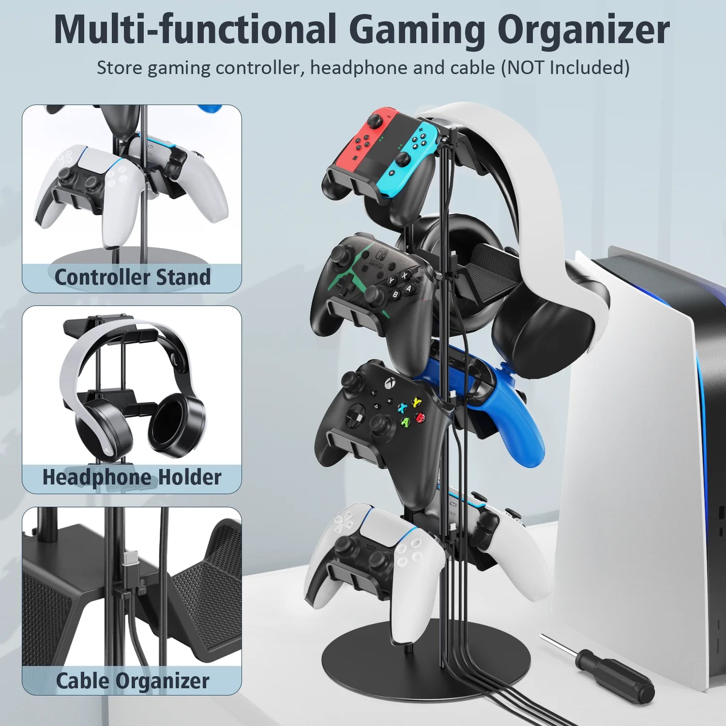 4 - Tier Universal Controller Stand - Holds 8 Controllers, Headset Holder & Cable Organizer - Titan Core