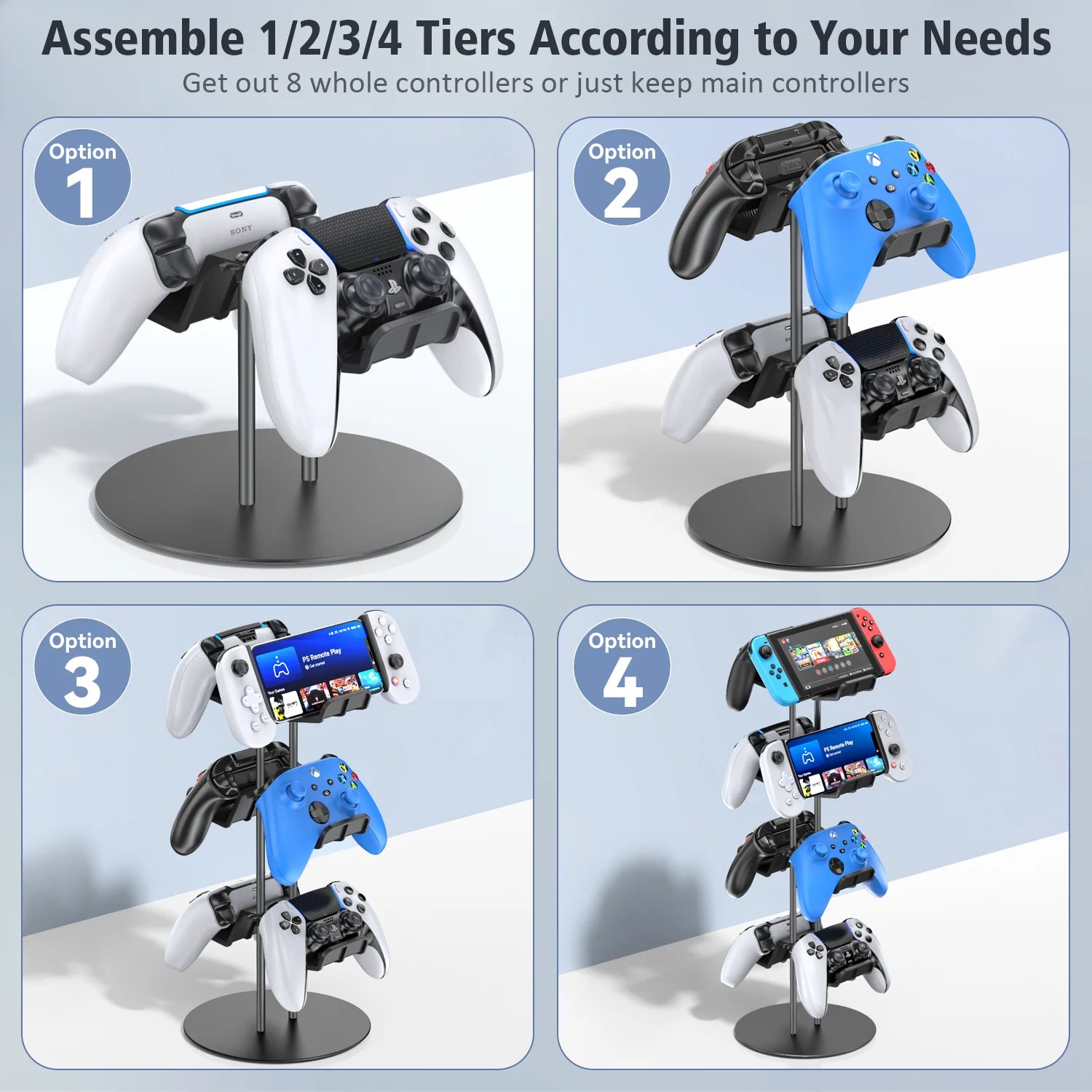 4 - Tier Universal Controller Stand - Holds 8 Controllers, Headset Holder & Cable Organizer - Titan Core