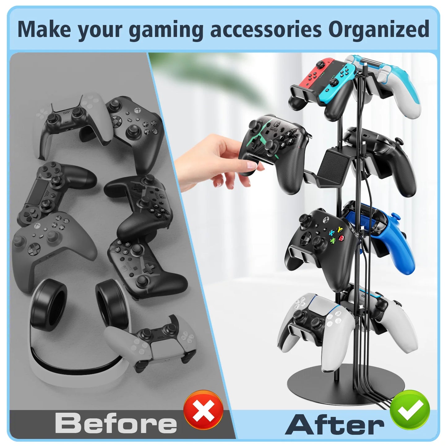 4 - Tier Universal Controller Stand - Holds 8 Controllers, Headset Holder & Cable Organizer - Titan Core
