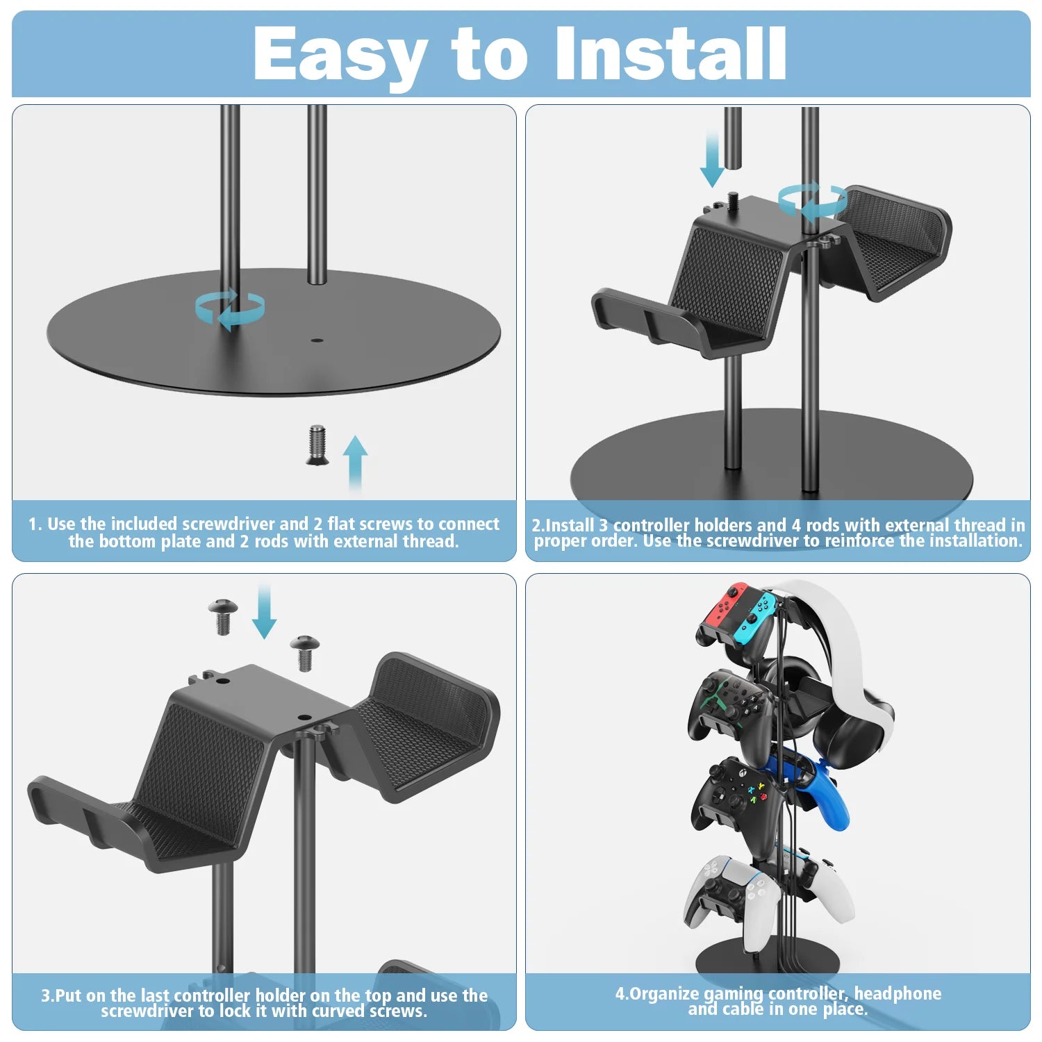 4 - Tier Universal Controller Stand - Holds 8 Controllers, Headset Holder & Cable Organizer - Titan Core